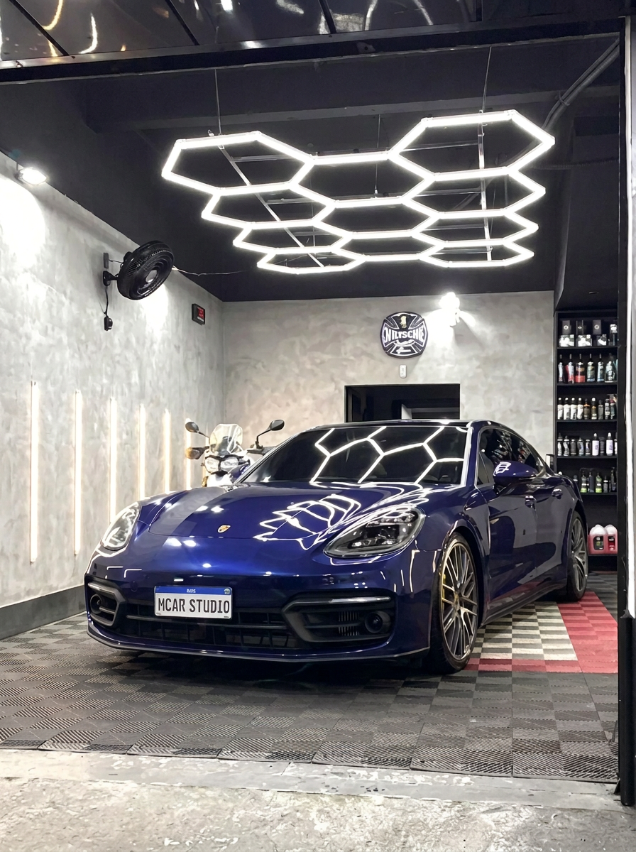Carro finalizado na baia da MCAR Studio, sob o teto de hexágonos de LED